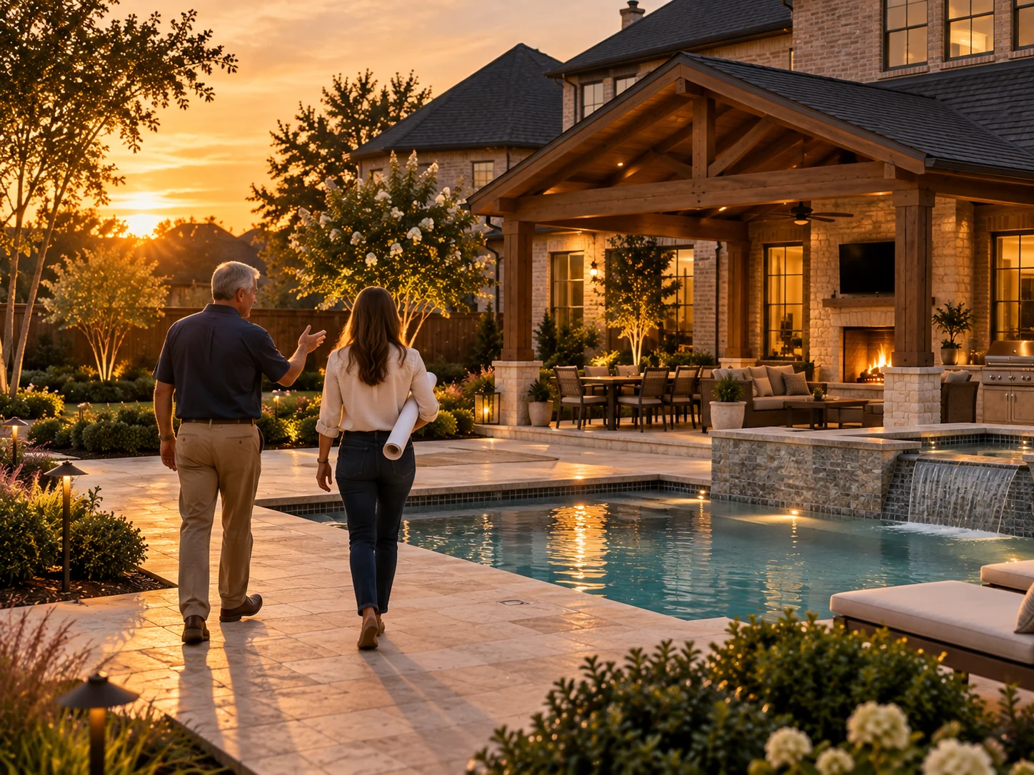 Longhorn designers walking a finished backyard at golden hour
