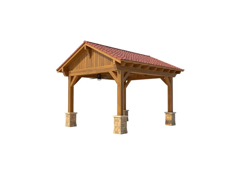 A wooden gabled patio cover with a tile roof and stone post bases.