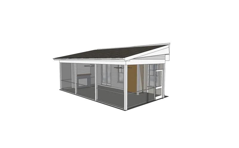 A screened enclosure with a low-slope roof attached to the house wall.