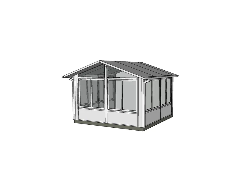 A glass-walled enclosure under a gabled roof with a single entry door.