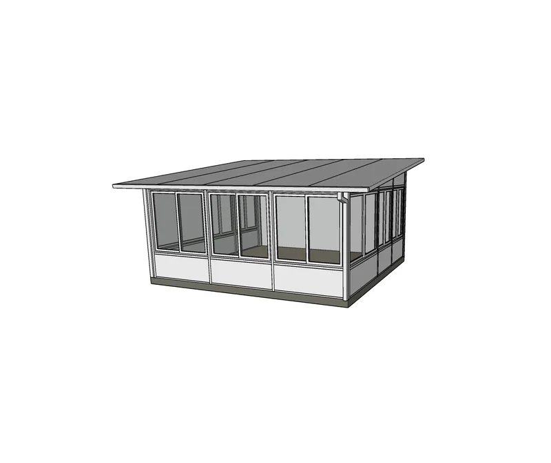 A glass-walled enclosure with a flat roof and wide sliding panels.