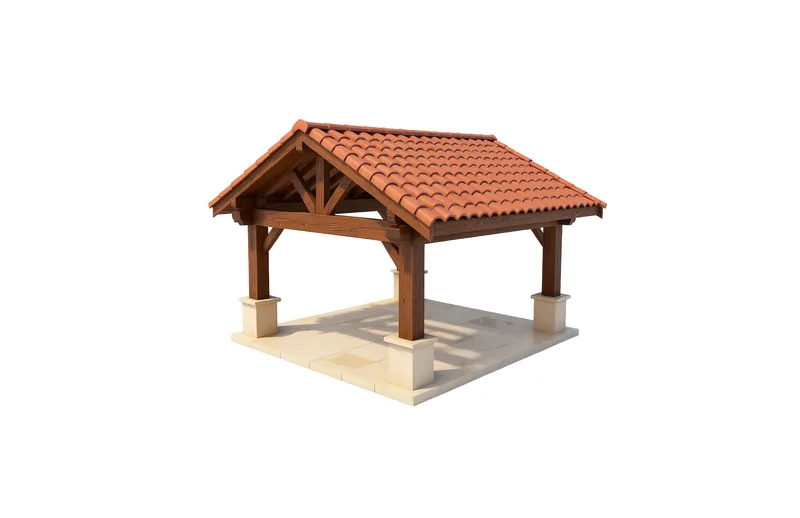 An open wooden pavilion with a tiled gable roof over a raised floor.