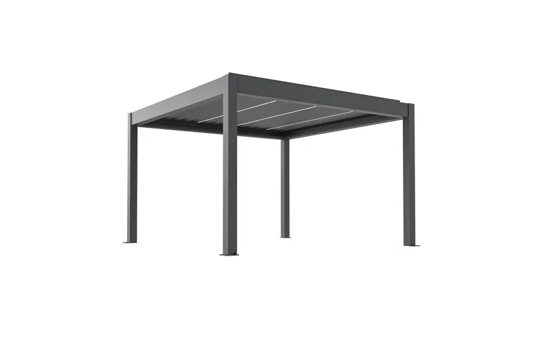 A slim dark-framed aluminium pergola with an open louvered top.