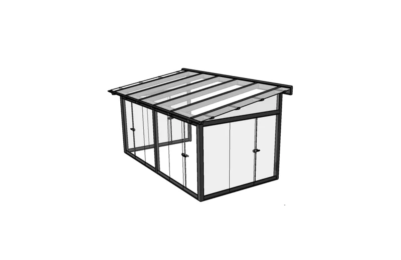 A sunroom with dark frames, glass walls and a shallow shed roof.