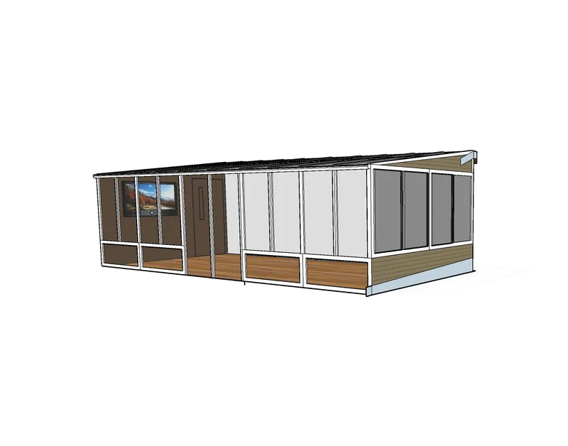 A long sunroom addition with glass walls set against a brick elevation.