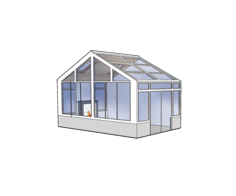 A solarium with glass walls and a glass gable roof.