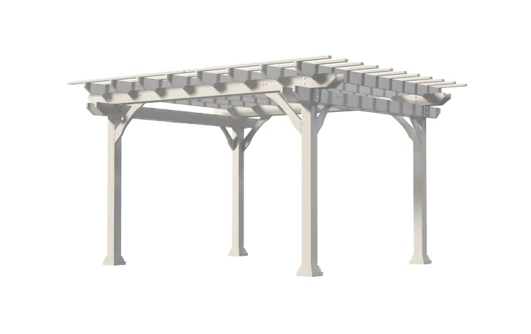 A white vinyl pergola with square posts and an open rafter top.