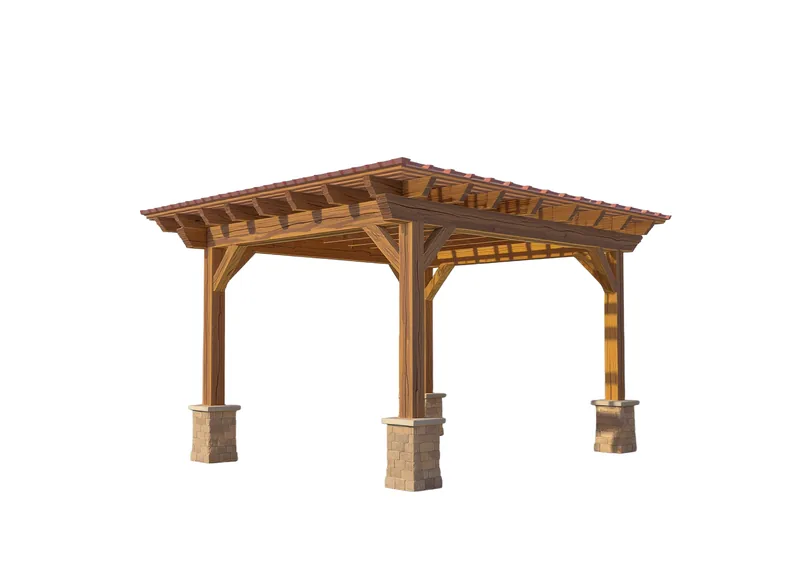 A cedar pergola with heavy posts and a timber-framed roof.