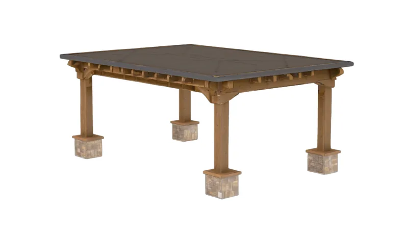 A cedar structure on stone-wrapped posts under a solid dark roof.