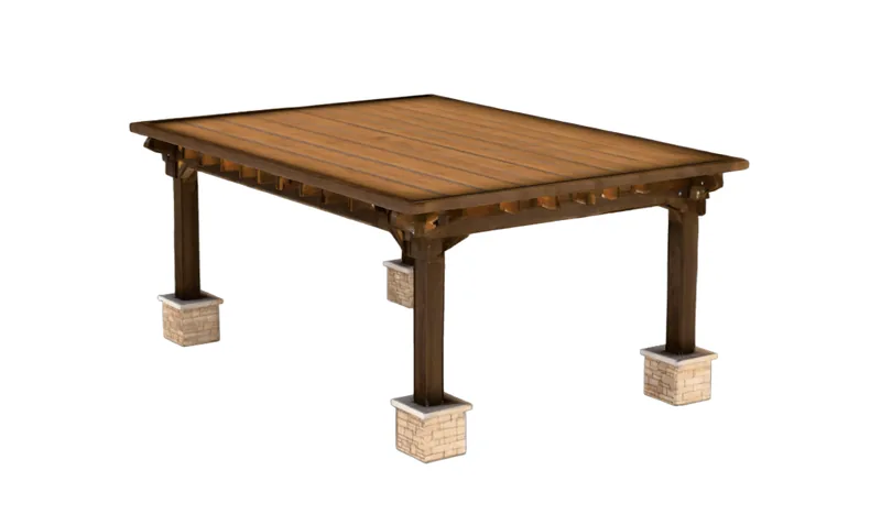 A timber patio cover with a wood-clad ceiling and boxed posts.