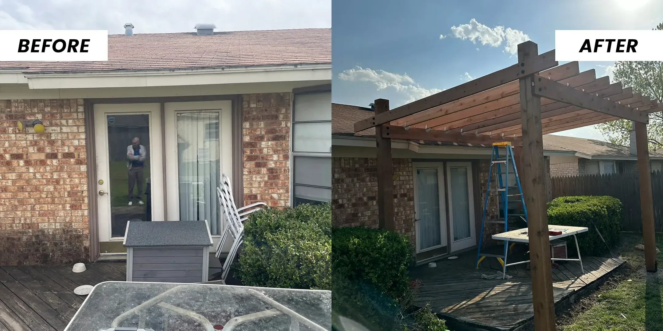 A brick ranch with a bare wood deck, and the same deck under a new cedar pergola.