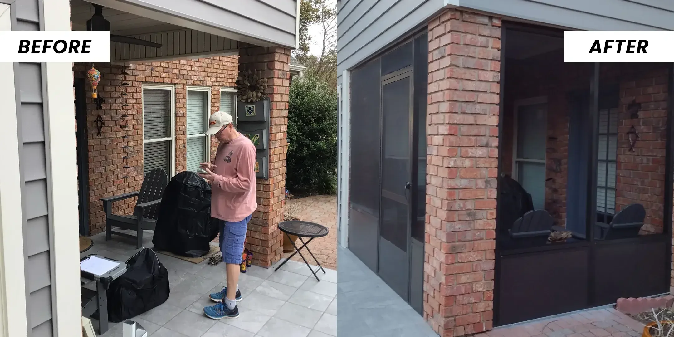 An open brick patio corner beside the grill, then the same corner screened in with a screen door.