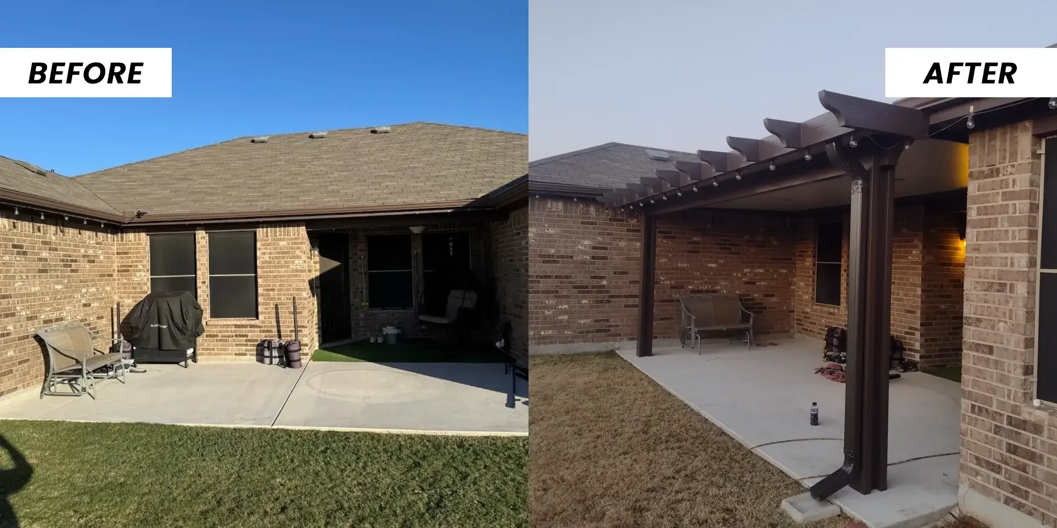 An open concrete patio behind a brick home, then a bronze attached cover with a pergola-style edge.