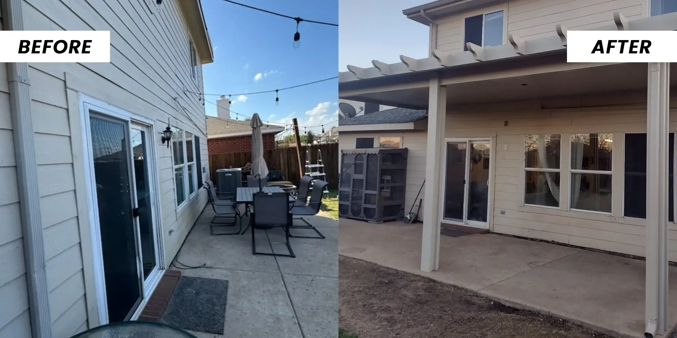 A slab patio with string lights on a siding home, then a white attached cover with a trimmed edge.