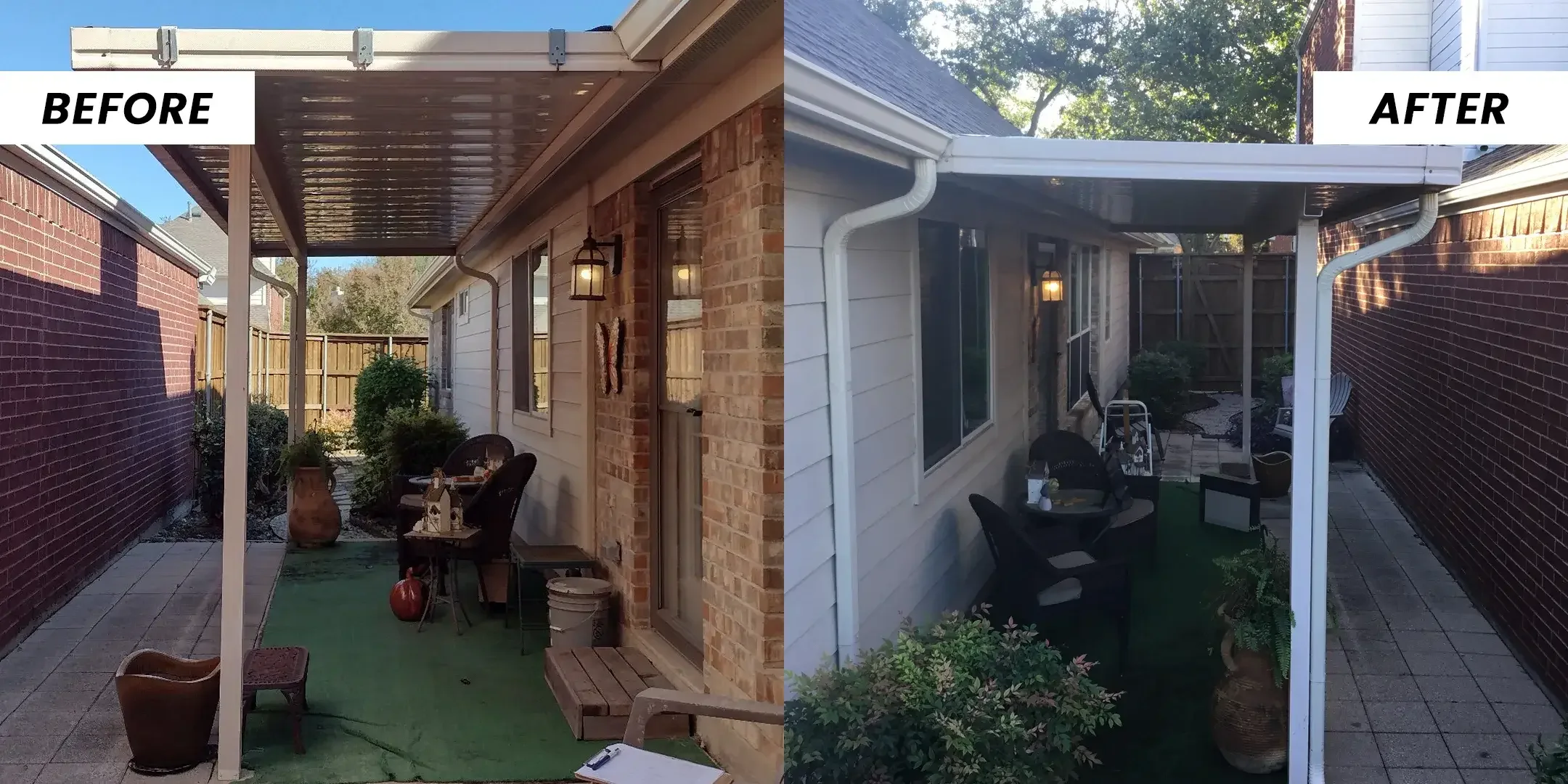 A side patio under an ageing wood pergola, then the same run under a clean white insulated cover.