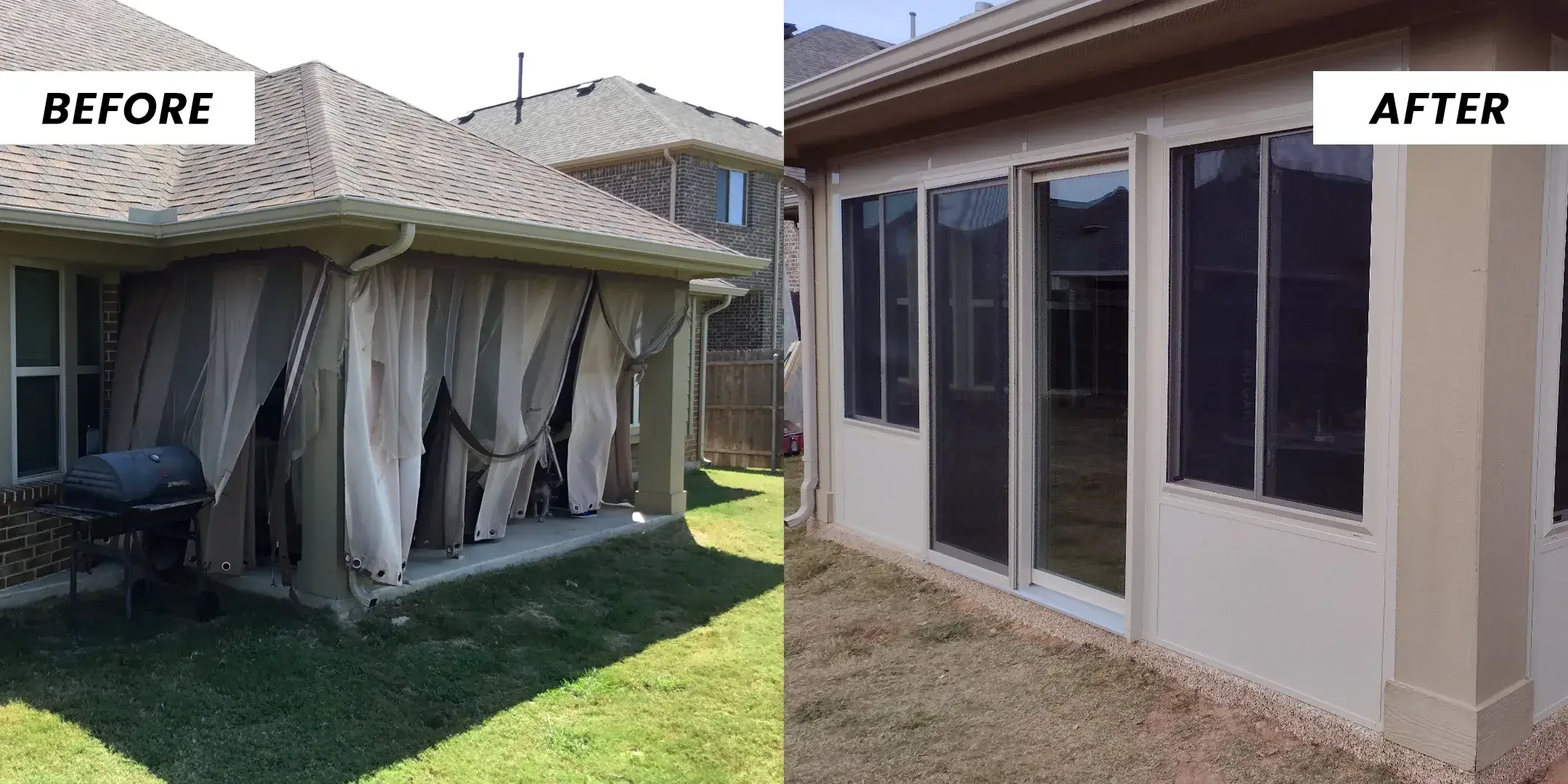 A covered patio closed in with fabric curtains, then a finished sunroom with glass windows and a slider.