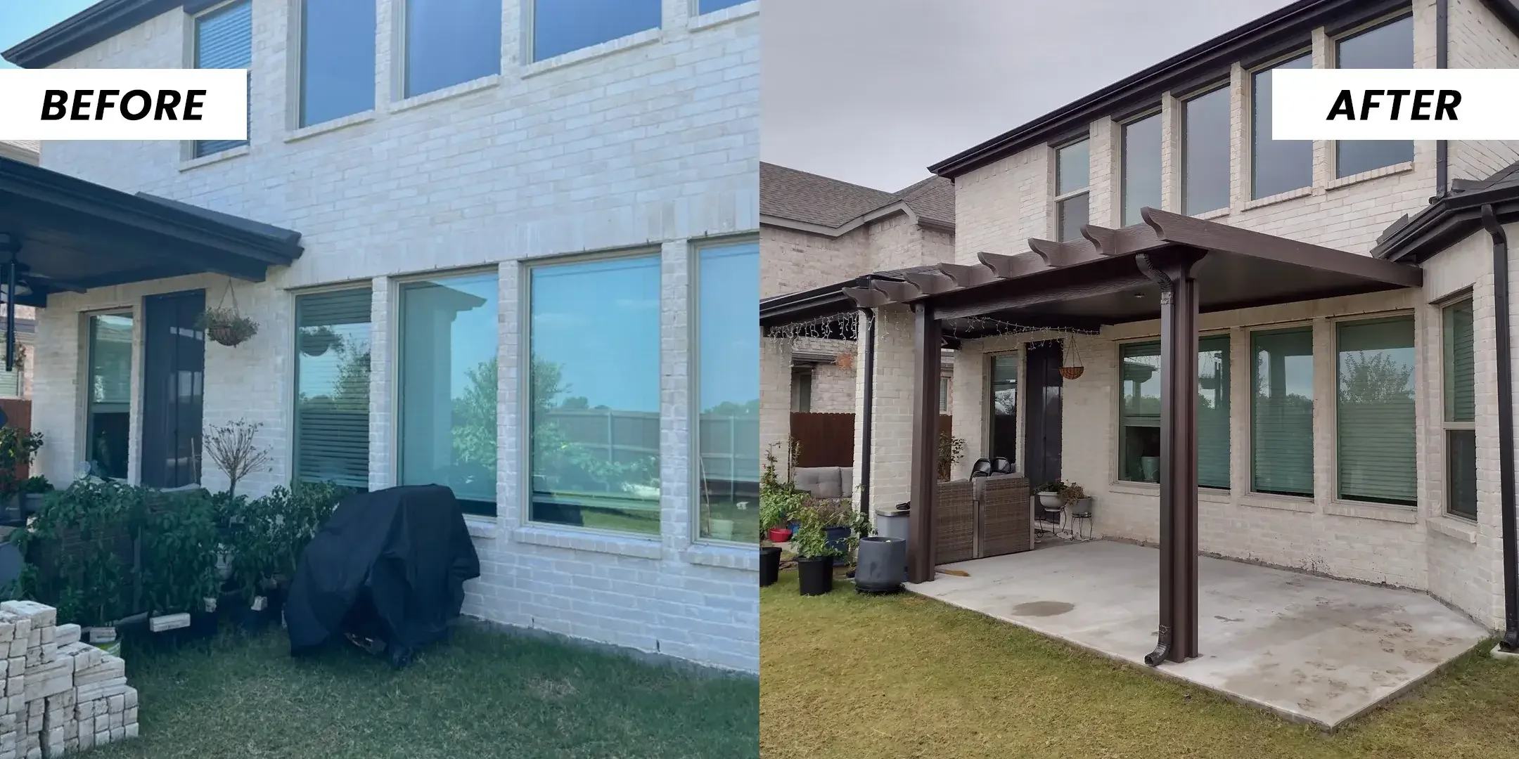 An open patio behind a white brick two-storey, then a bronze pergola-style cover over the slab.