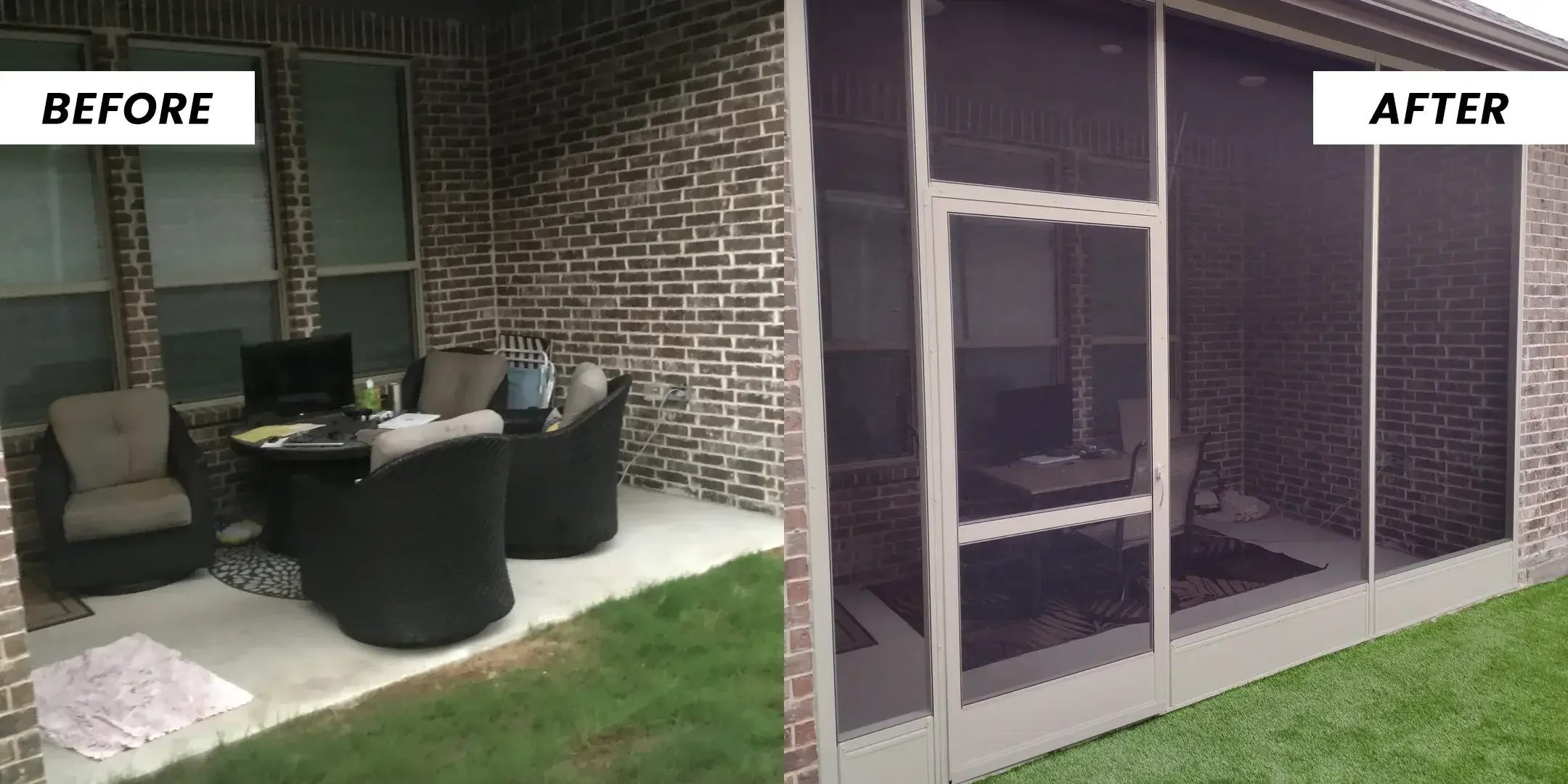Patio furniture on an open slab, then the same patio enclosed with screen walls and a door.