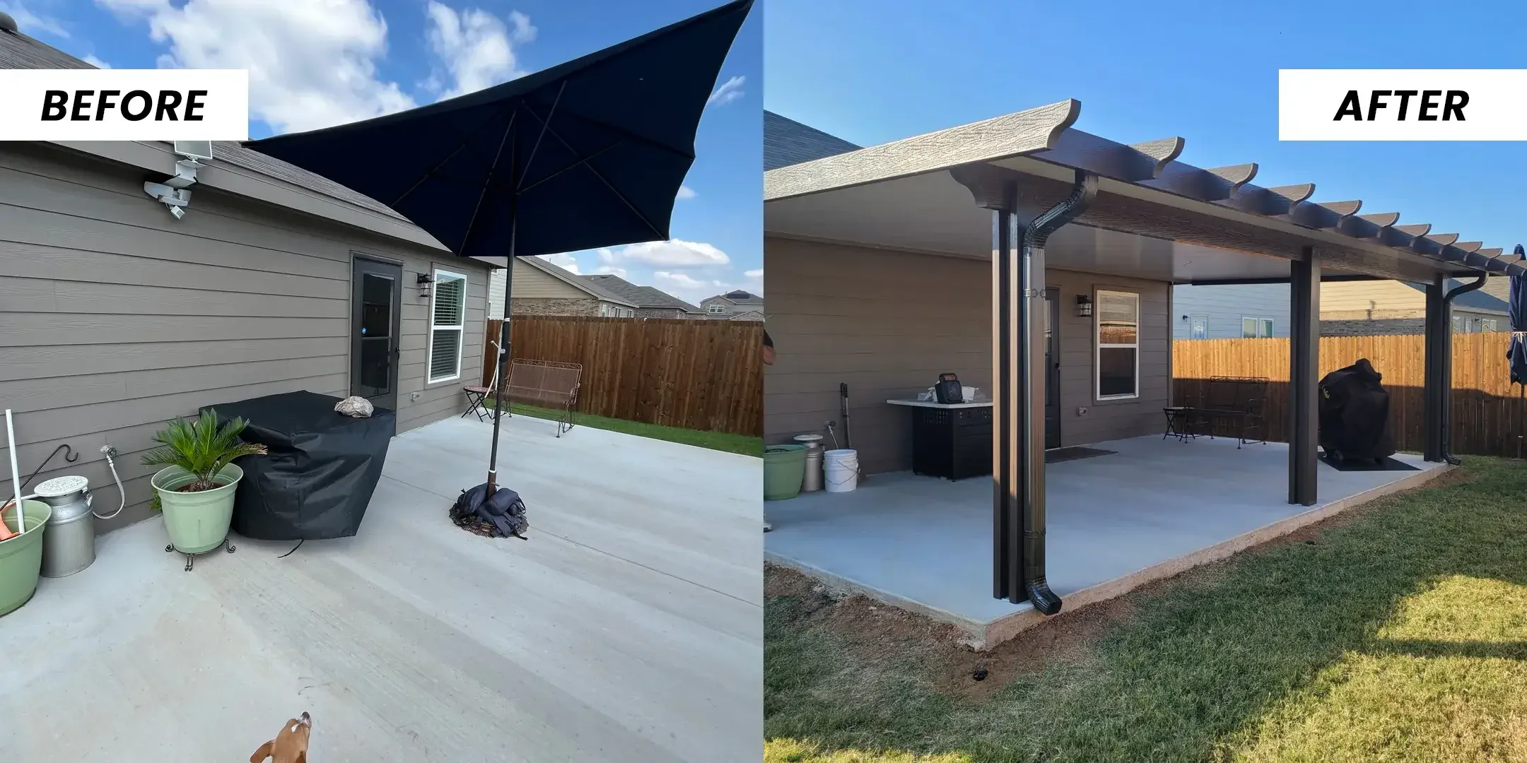 A wide slab shaded only by a patio umbrella, then a bronze attached cover with pergola tails.