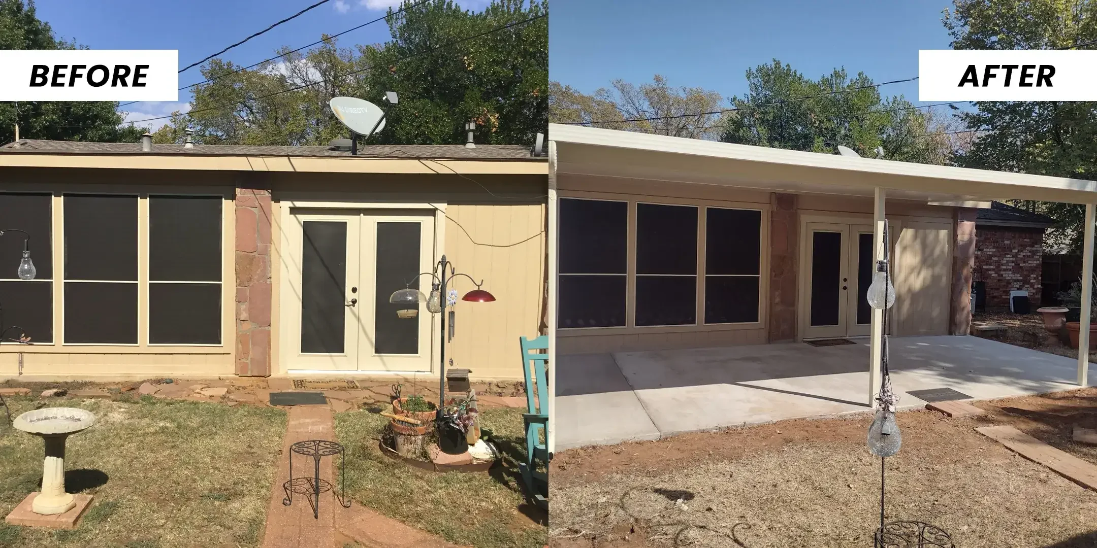 A home with an older screen room, then a new white cover extending over the open slab.