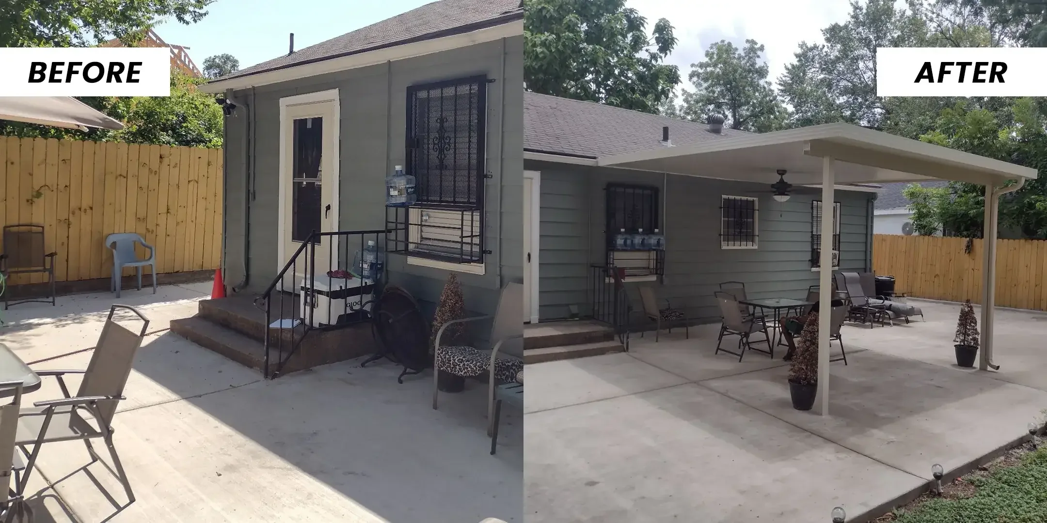 A small back patio with steps and folding chairs, then a white cover with a fan over an extended slab.