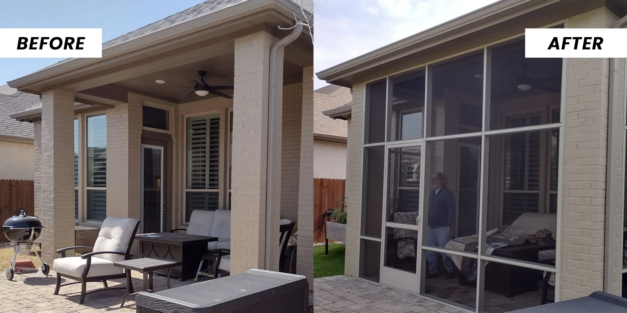 A furnished covered patio open to the yard, then the same space screened from post to post.