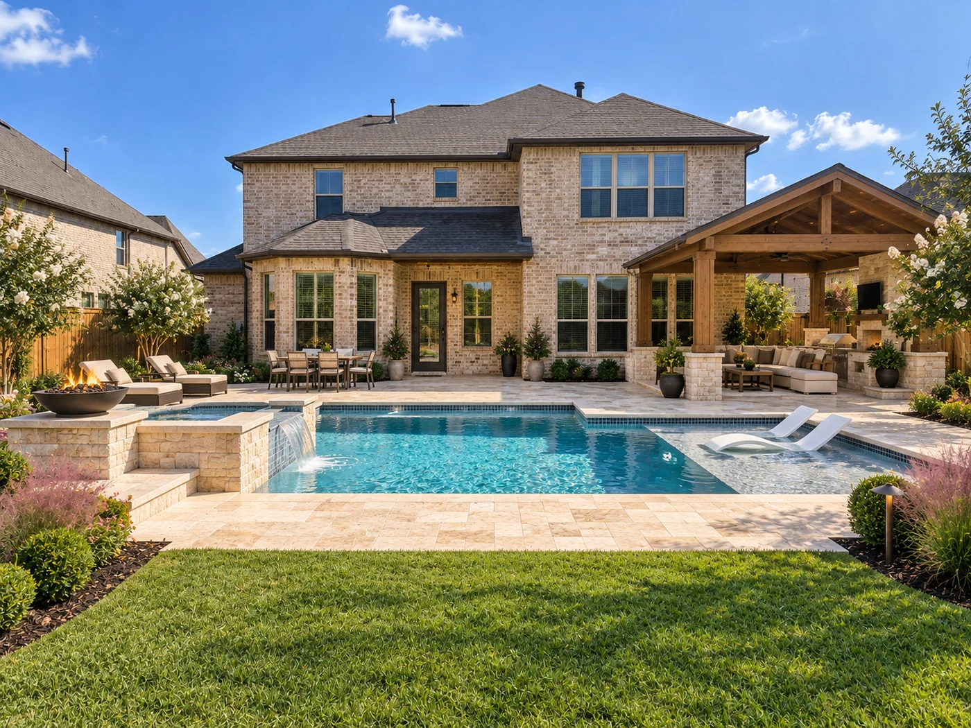 The same backyard after a pool, travertine deck, fire feature and covered living area were built