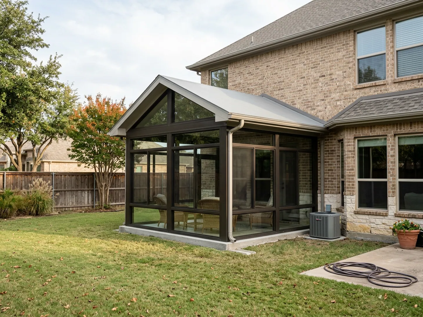 Glass-walled room with an insulated roof attached to the back of a brick North Texas home in autumn light