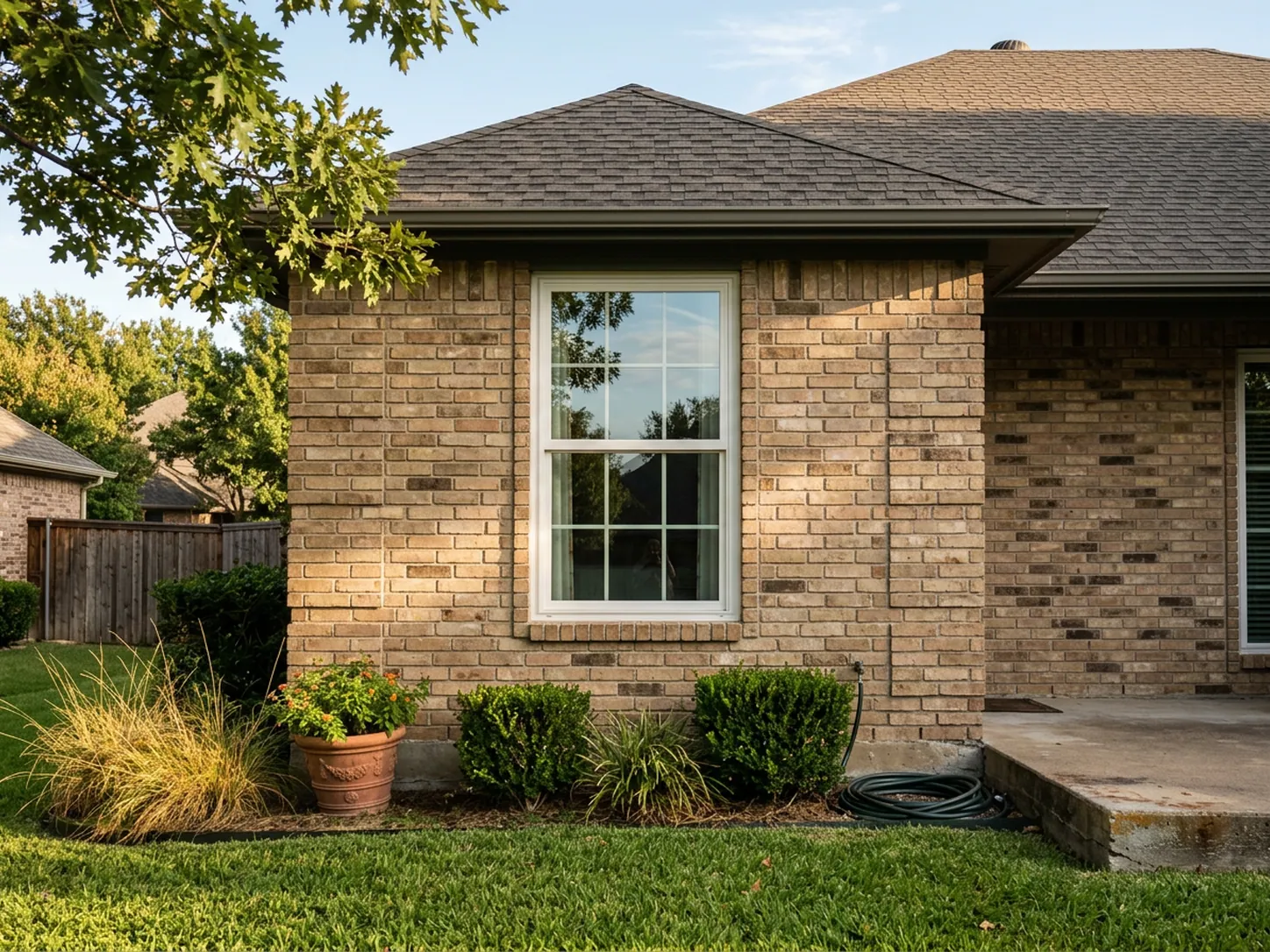 West-facing double-hung window with white frame set in tan brick and shaded partly by a live oak branch in afternoon sun