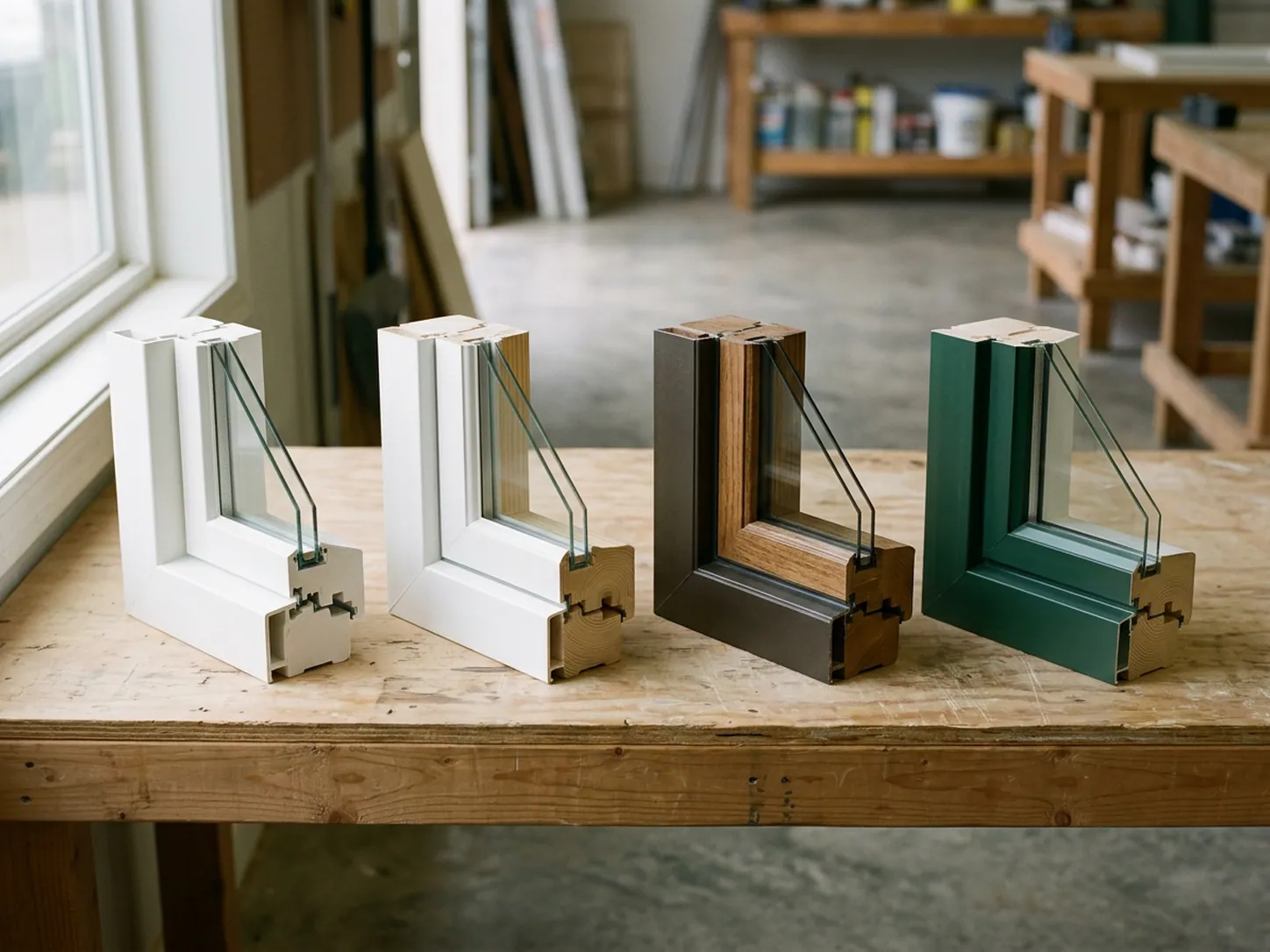 Four window frame corner samples lined up on a workbench showing composite, vinyl-clad, fiberglass and aluminum-clad finishes