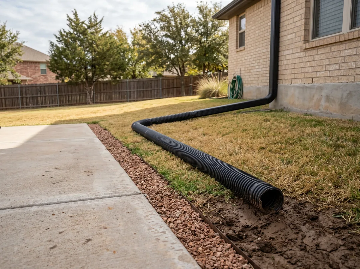 Downspout extension carrying roof water across graded lawn away from a concrete patio slab on a West Texas lot