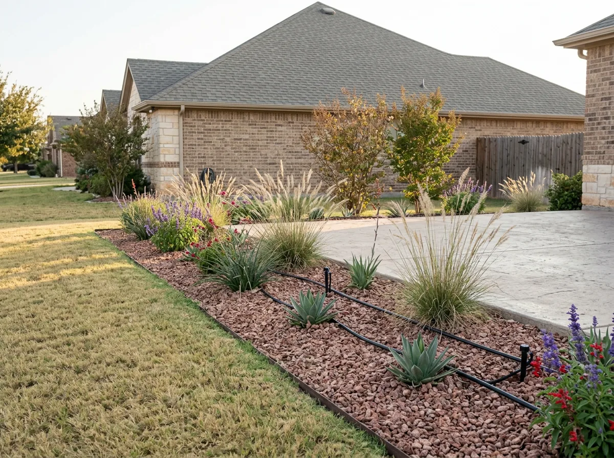 Drip-irrigated native planting bed with crushed granite beside a concrete patio edge on a dry West Texas lot