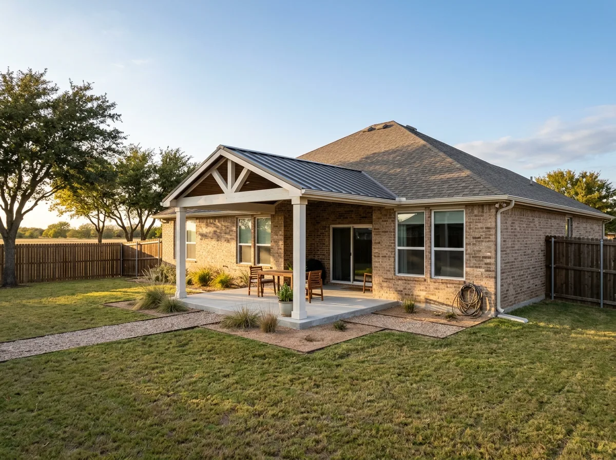 Tan brick ranch home in Abilene, Texas with a concrete patio, attached covered patio and low-water native planting beds in autumn light