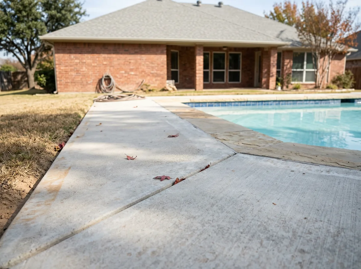 Saw-cut control joint in a broom-finished concrete pool deck beside limestone coping with tan clay soil at the lawn edge