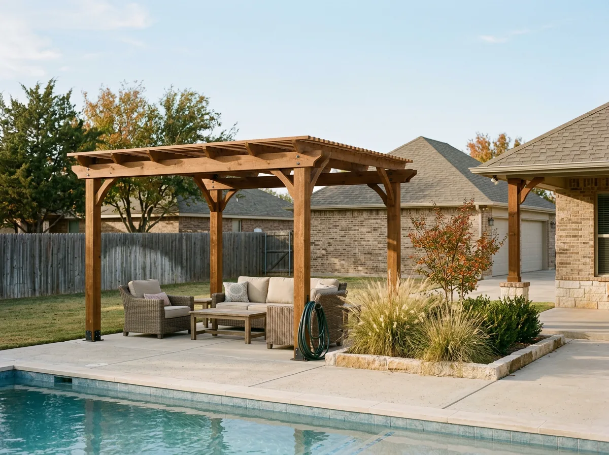 Cedar pergola with a poured concrete footing beside a backyard pool on a West Texas lot