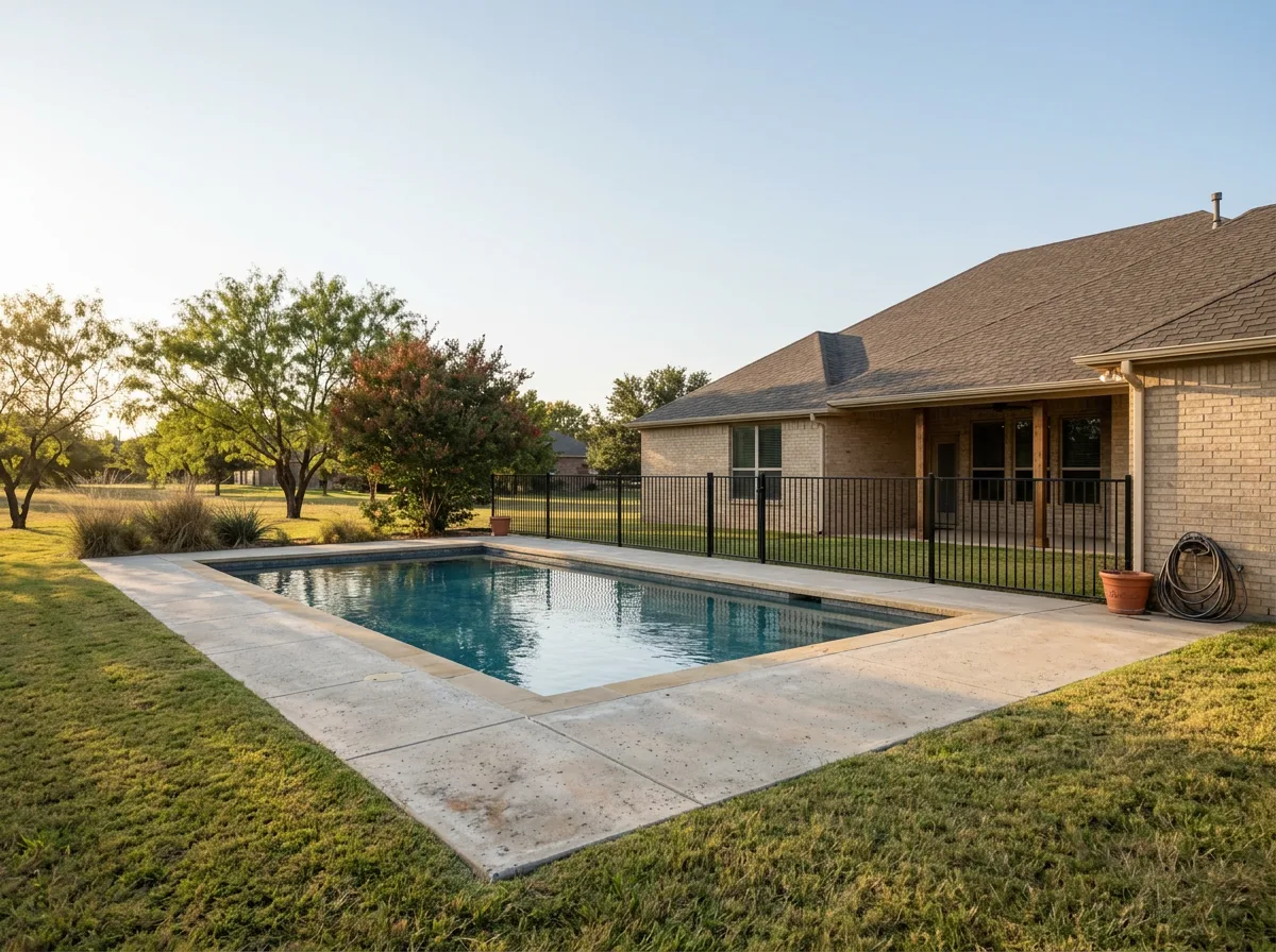 Custom gunite pool with limestone coping and a black steel safety fence behind a brick ranch home in West Texas at golden hour