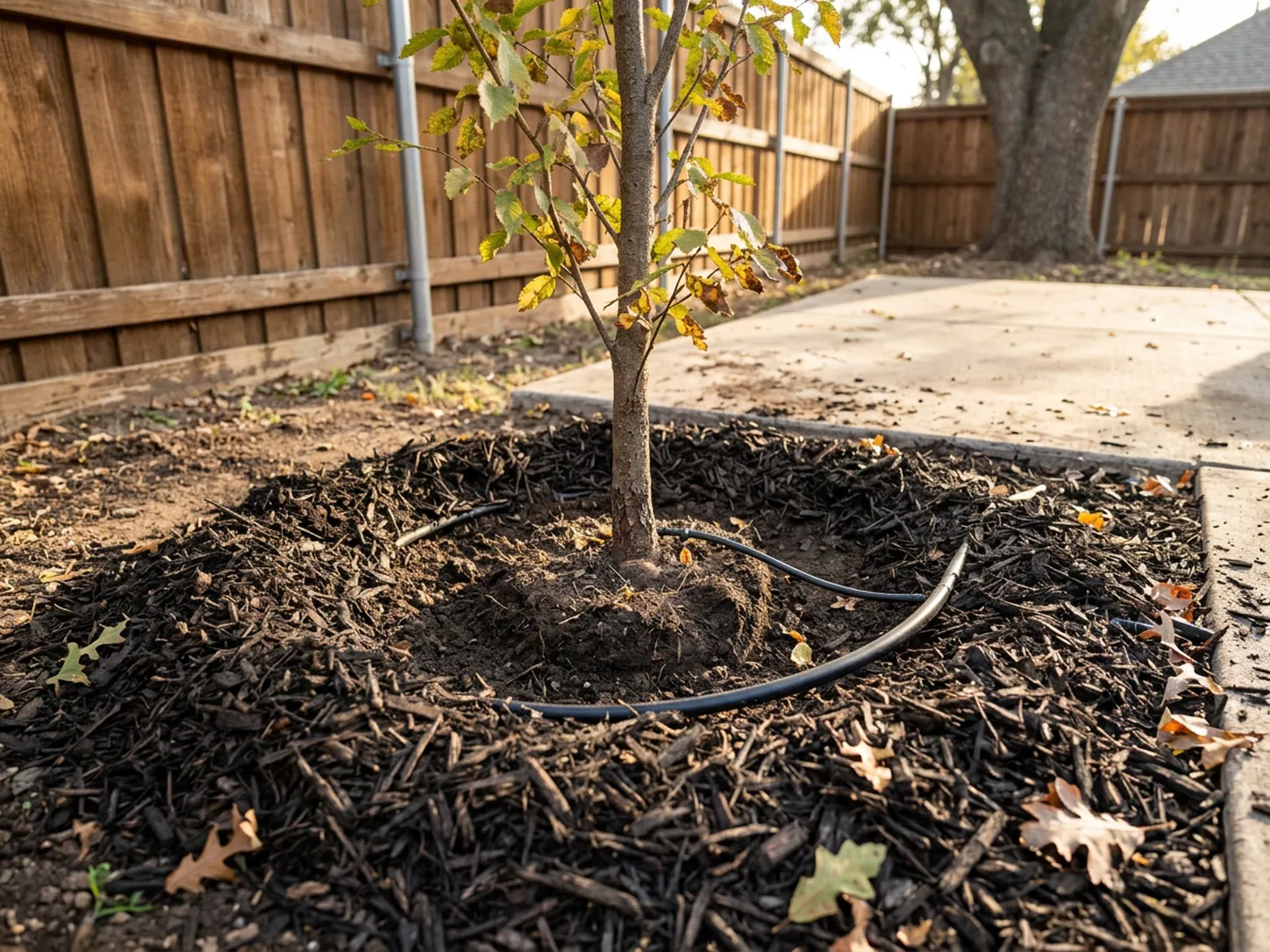 Close view of a newly planted tree with a three-inch ring of dark mulch pulled back from the trunk and a drip line on clay soil