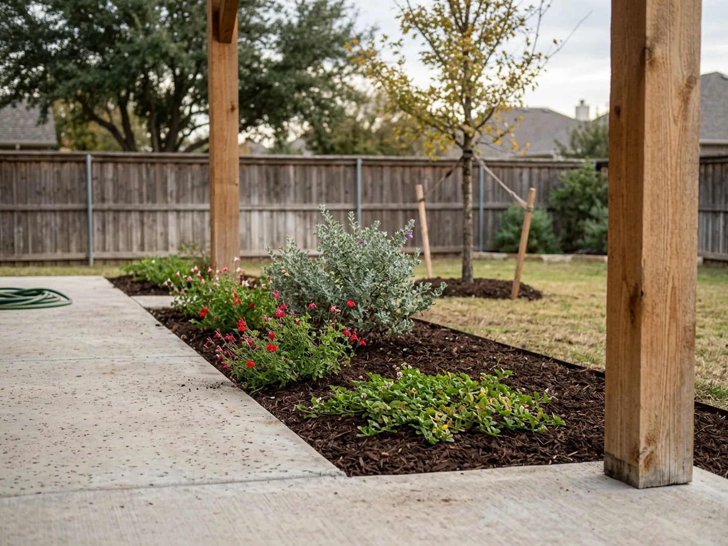 Backyard patio edge in North Texas with a planting bed sloped away from the concrete and low native shrubs set back from a pergola post