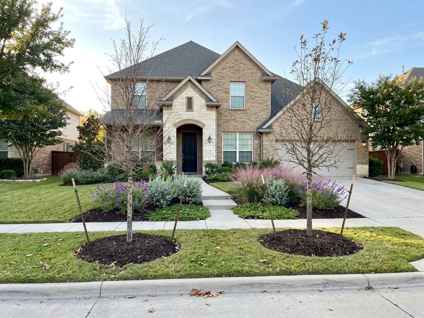 Front yard of a tan brick Frisco home with newly planted cedar elm and bur oak trees, dark mulch beds and low native groundcover in autumn light