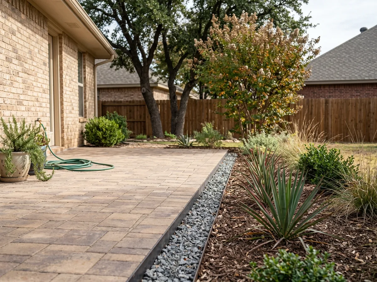 Close view of a tan paver patio edge with steel edging and a gentle slope away from a brick wall on a West Texas home