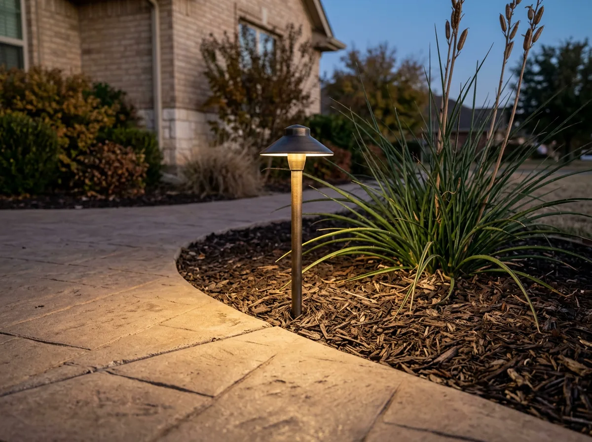 Low-voltage bronze path light in a mulched bed beside red yucca next to a paver walkway at dusk