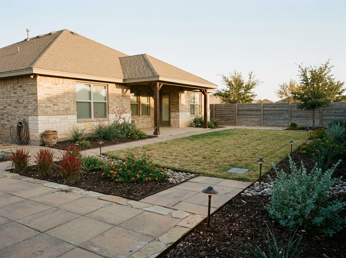 Tan paver patio with flagstone border, red yucca and lantana beds and path lights at dusk behind a buff brick ranch home in Abilene, Texas