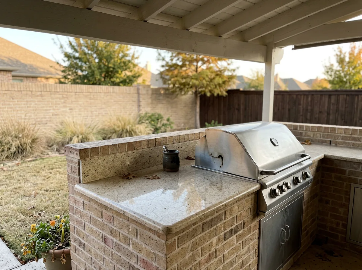 Light honed granite outdoor counter beside a closed stainless grill hood in the shade of a solid patio roof