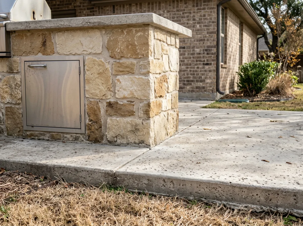 Stone-veneer grill island base set on a broom-finished concrete slab with control joints beside a brick wall