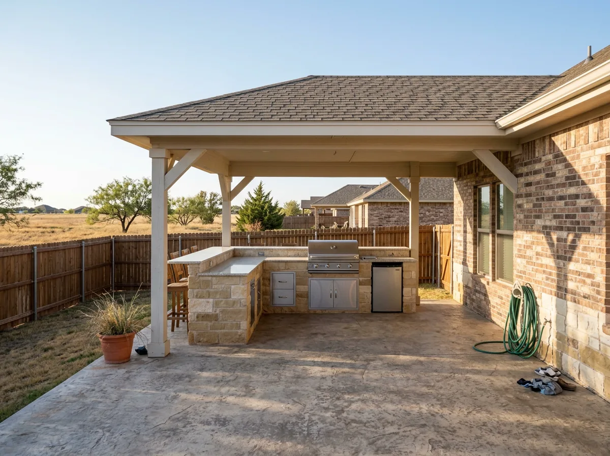 Covered patio with an L-shaped stone-veneer outdoor kitchen, stainless grill and light granite counter behind a tan brick ranch home in West Texas