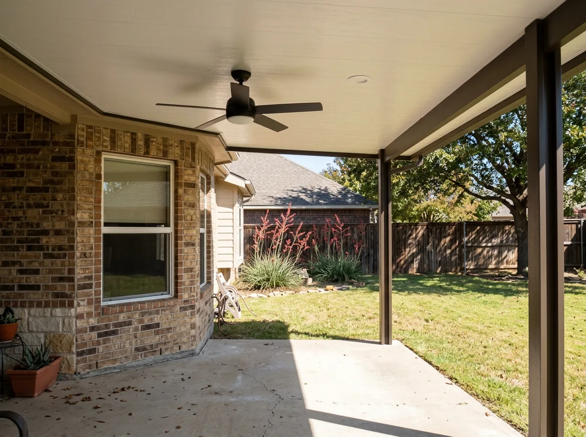 Underside of an insulated aluminum patio cover roof with a ceiling fan and recessed light over a concrete patio