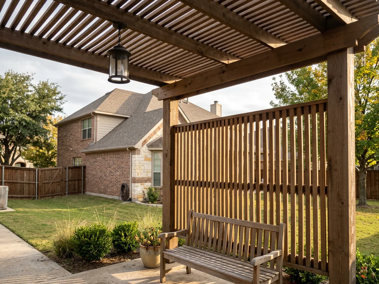 Backyard pergola with louvered side screen beside a brick home in North Texas