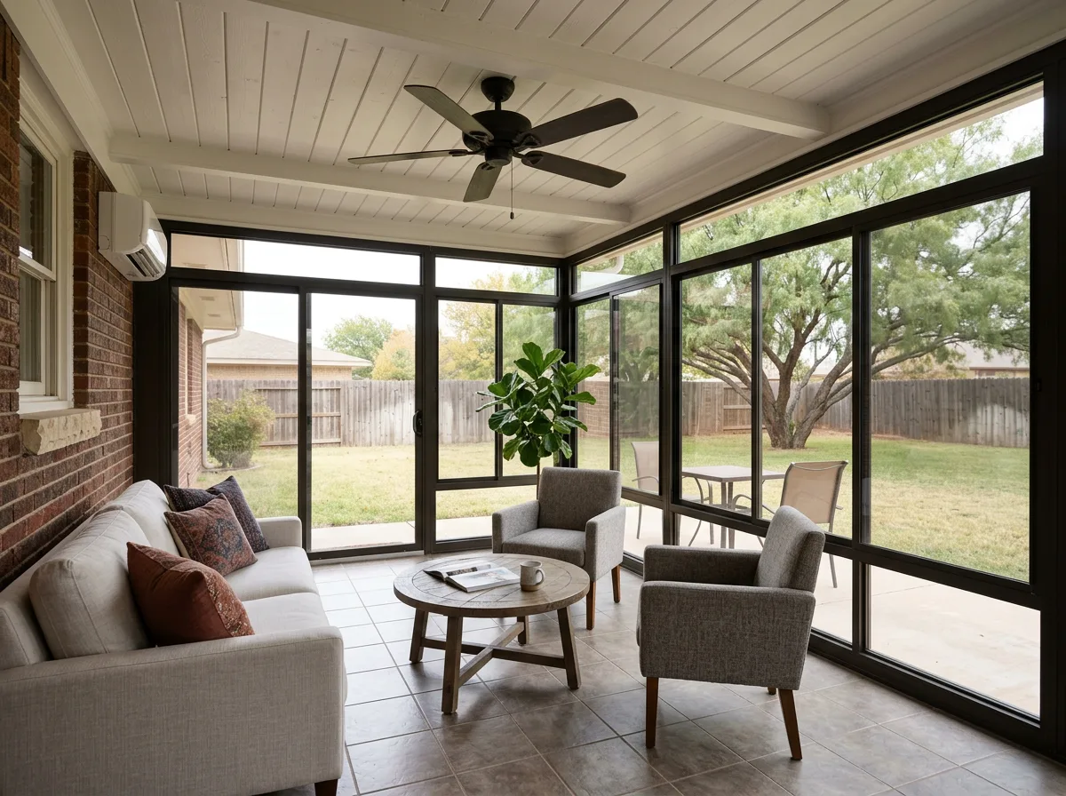 Interior of a glass sunroom on an Abilene home with tile floor, ceiling fan, cooling unit and filtered afternoon light