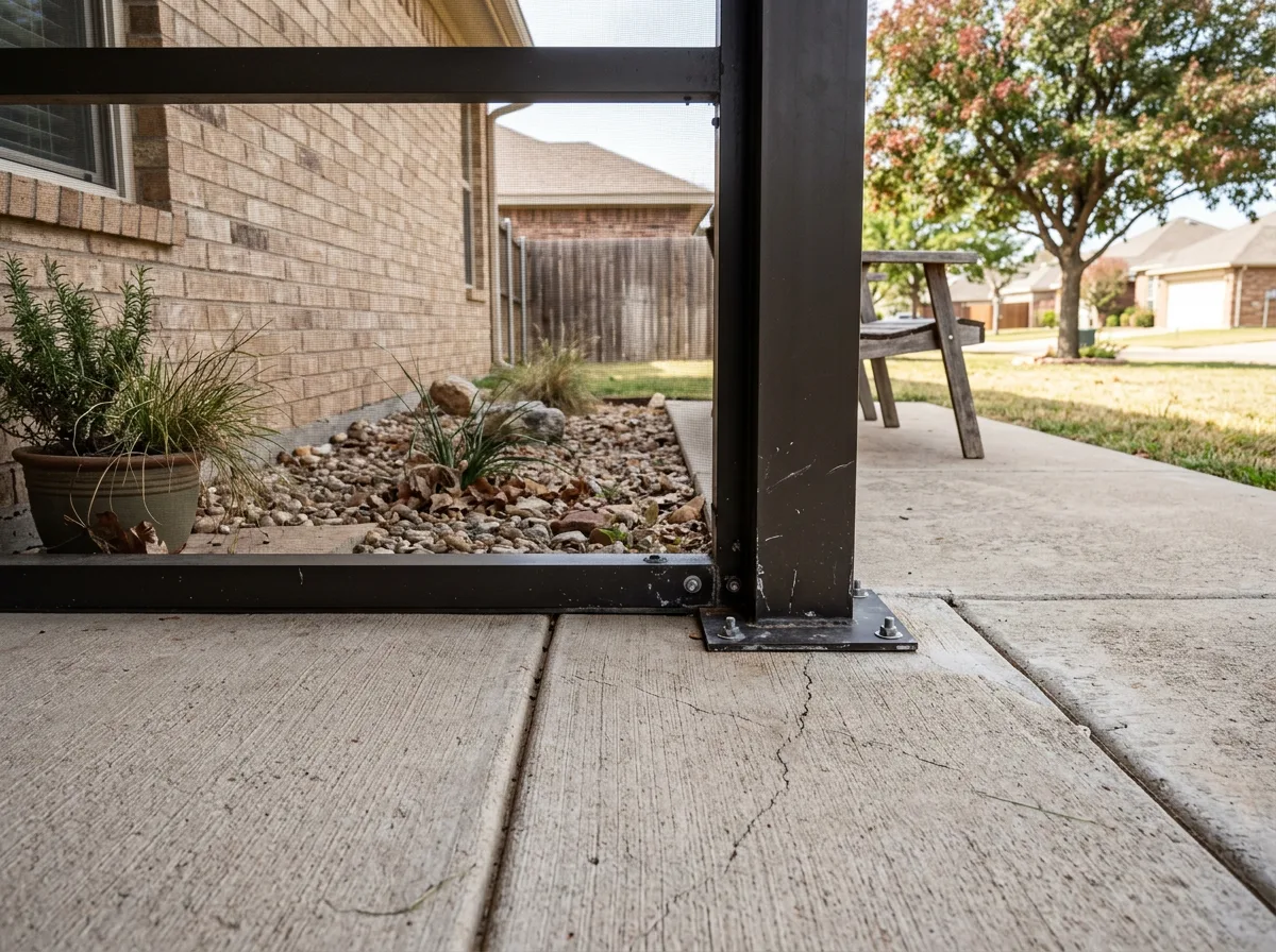 Aluminum screen enclosure frame bolted to the edge of a broom-finished concrete patio slab on an Abilene home