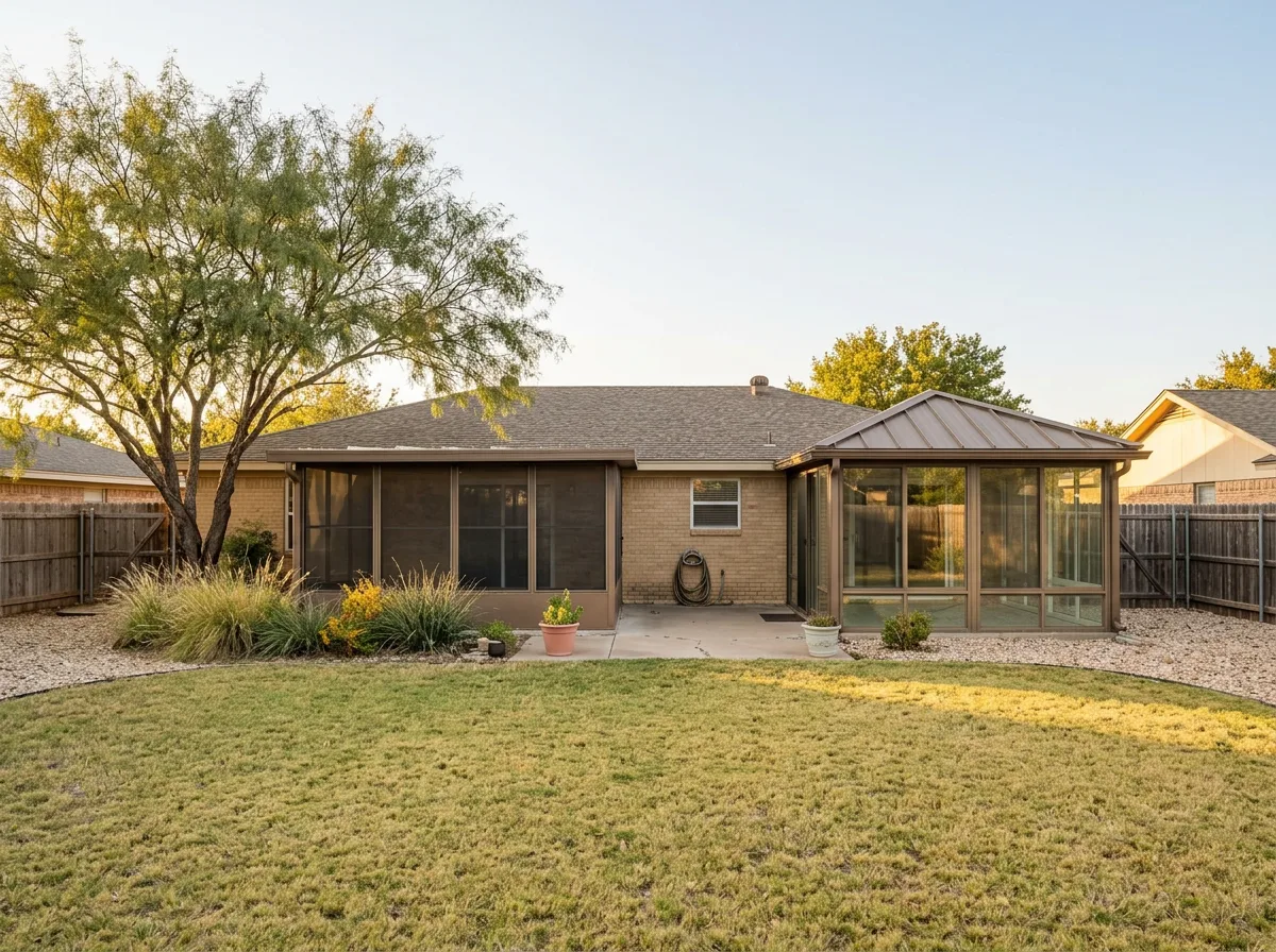 Back of a tan brick ranch home in Abilene with a bronze-framed screened patio enclosure beside a glass-walled sunroom at golden hour